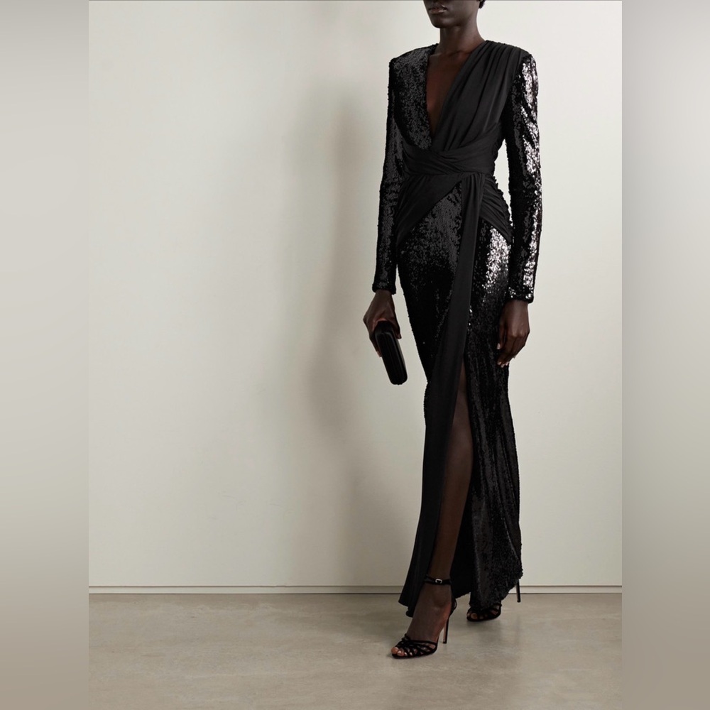 Zuhair Murad Draped Paneled Sequined Tulle & Jersey Gown